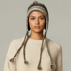 Newari Icelandic Brown Tan Cream Beanie 100% Wool Knit Ear Flaps With Tassels